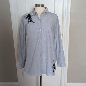 J Jill | Striped & Embroidered Cotton Blouse - Medium